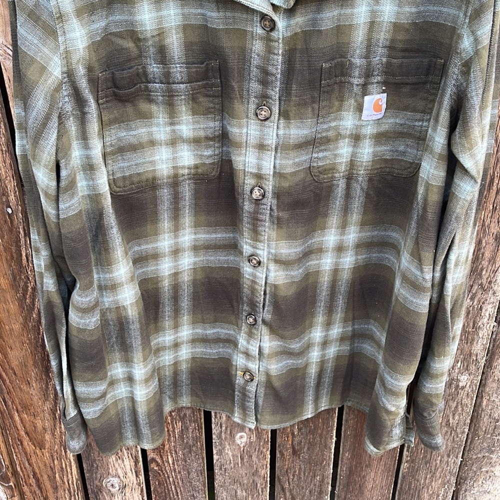 Carhartt 2X Plaid Flannel Shirt Green Rugged Flex Loose Fit Ladies Soft Long Slv - Picture 5 of 7